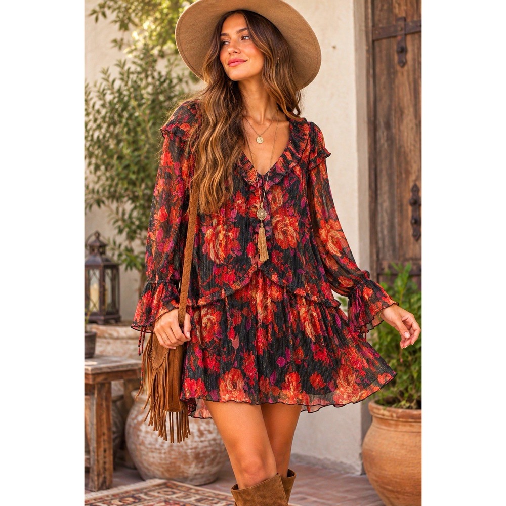 Seni & Cade Black Red Floral Ruffle V-Neck Bell Sleeve Mini Dress Size L Boho